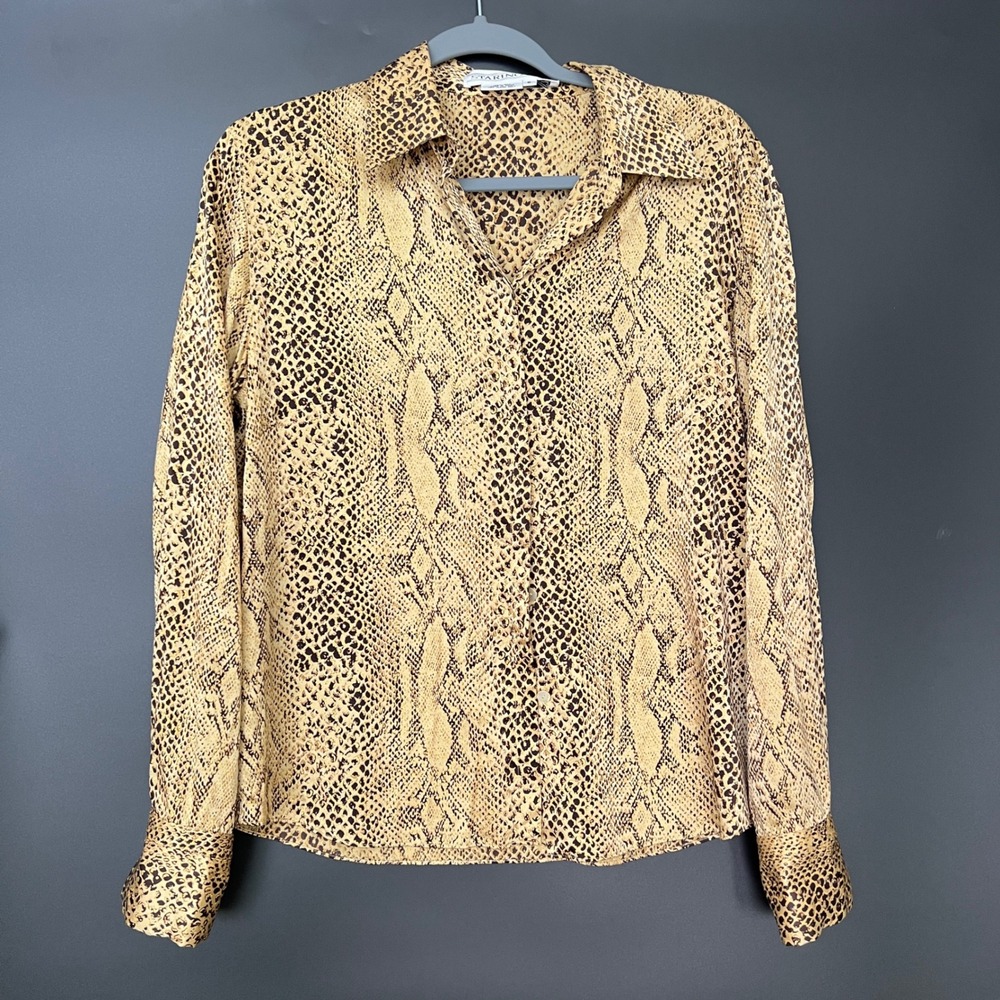 Starington vintage Womens Brown Snakeskin Print 100% Silk Button Up Blouse Sz 8